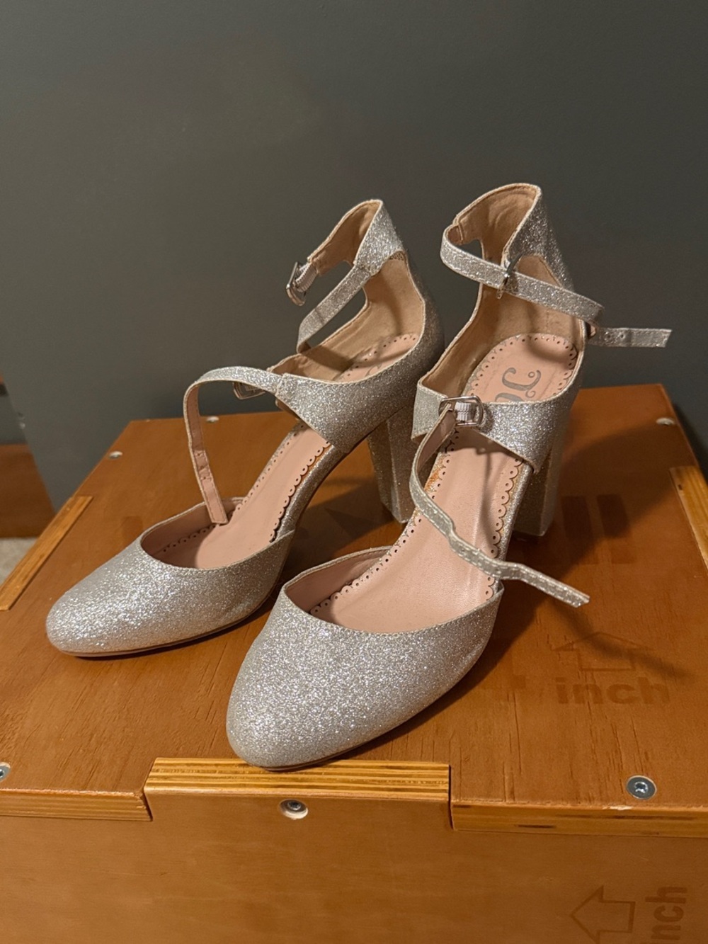 JG Silver Glitter Ankle-Strap Block Heels